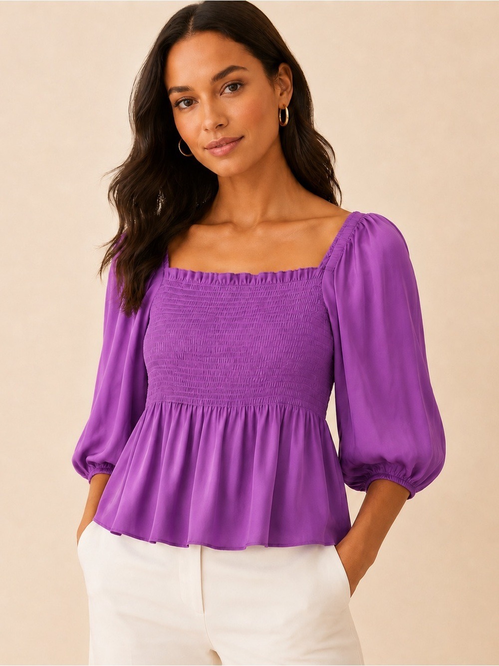 Trina Turk Violet Smocked Square Neck Top